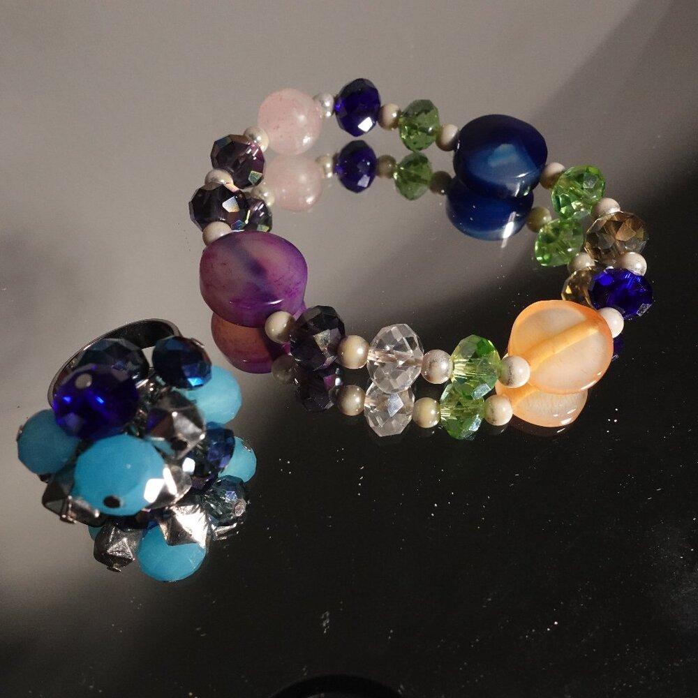 Vibrant Multi-Colored Beaded Jewelry Set - Ring and Bracelet